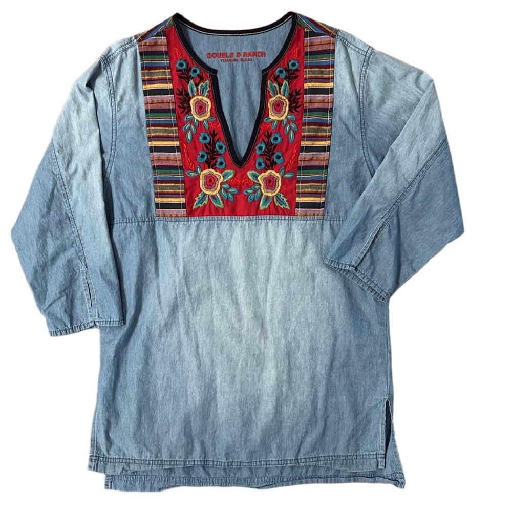 Double D Ranch Blue Cotton Floral Top Size Small Oversized Shirt
